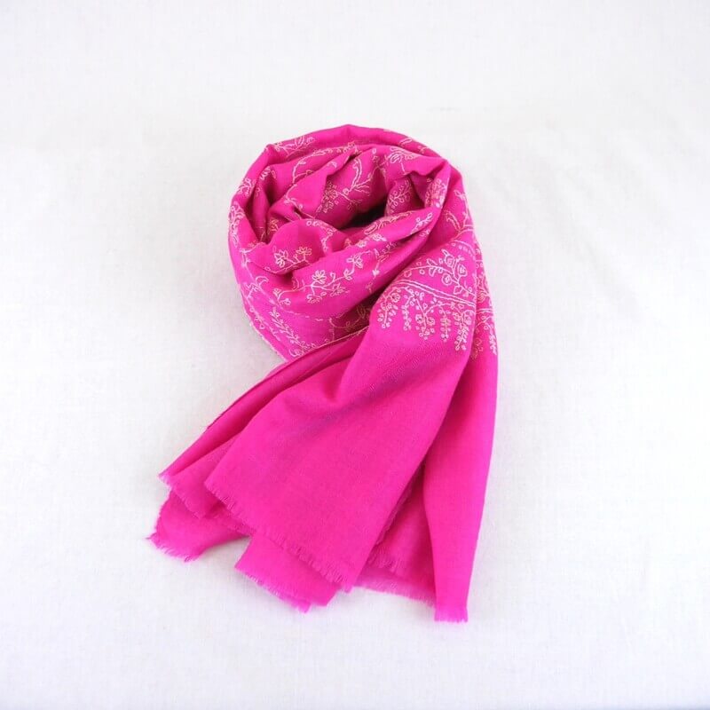 カシミヤ 手織り ストール｜ジャアリ 手刺繍 パシュミナ｜生地：ピンク｜刺繍（1色）：クリーム色