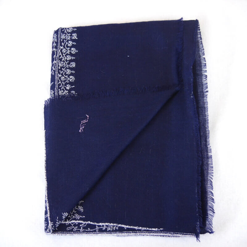 カシミヤ 手織り ストール｜ジャアリ 手刺繍 パシュミナ｜生地：紺｜刺繍（1色）：白色