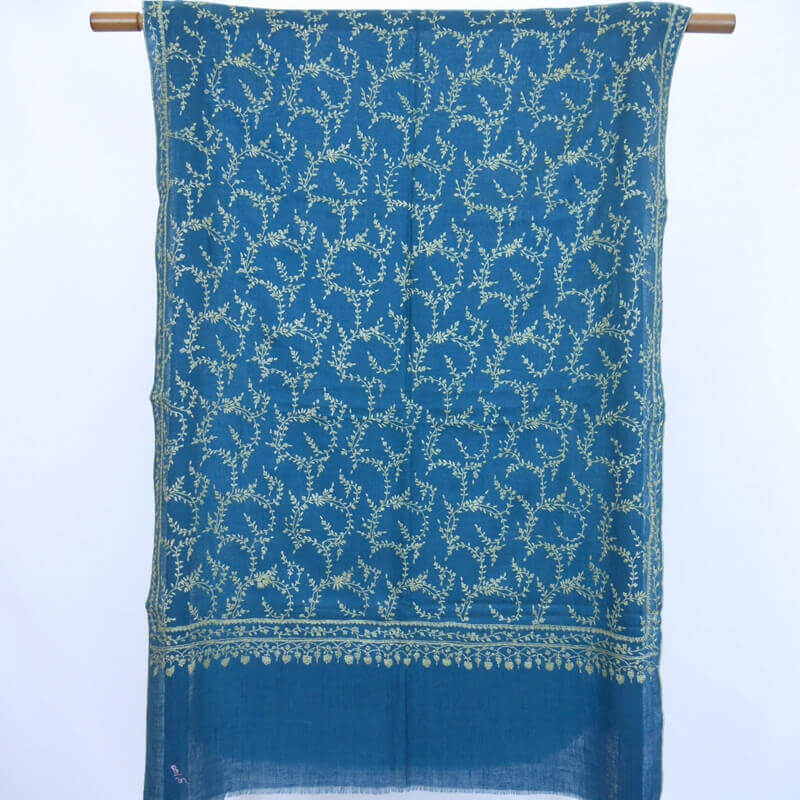 カシミヤ 手織り ストール｜ジャアリ 手刺繍 パシュミナ｜生地：ターコイズブルー｜刺繍（1色）：クリーム色