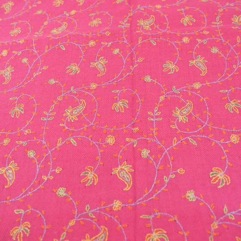 カシミヤ 手織り ストール｜ジャアリ 手刺繍 パシュミナ｜生地：ピンク｜刺繍（３色）：緑色/黄色/オレンジ色