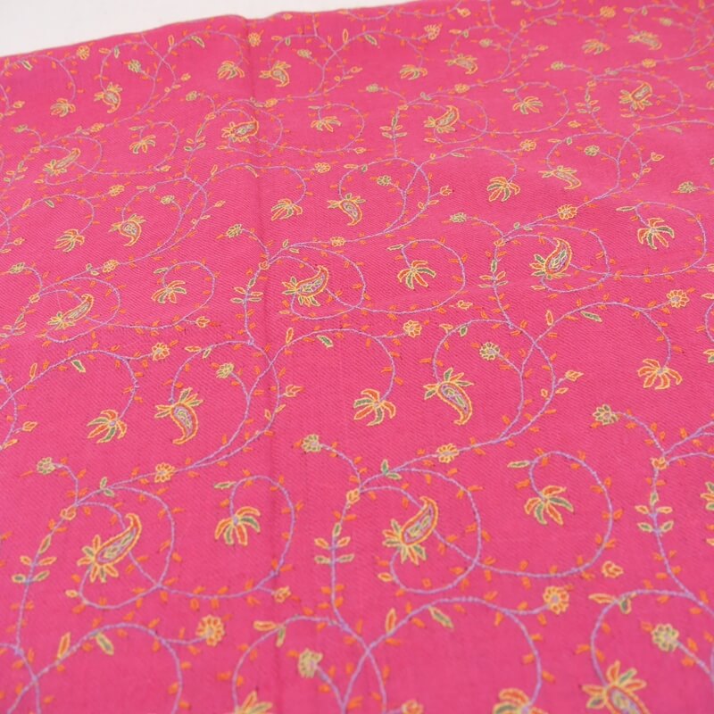 カシミヤ 手織り ストール｜ジャアリ 手刺繍 パシュミナ｜生地：ピンク｜刺繍（３色）：緑色/黄色/オレンジ色