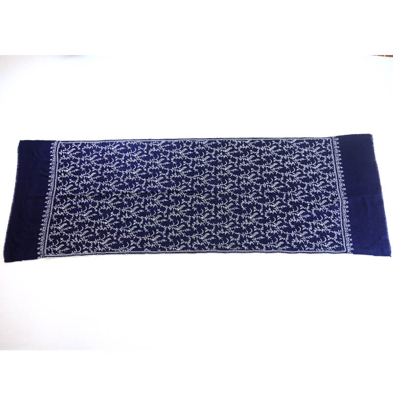 カシミヤ 手織り ストール｜ジャアリ 手刺繍 パシュミナ｜生地：紺｜刺繍（1色）：白色（2）